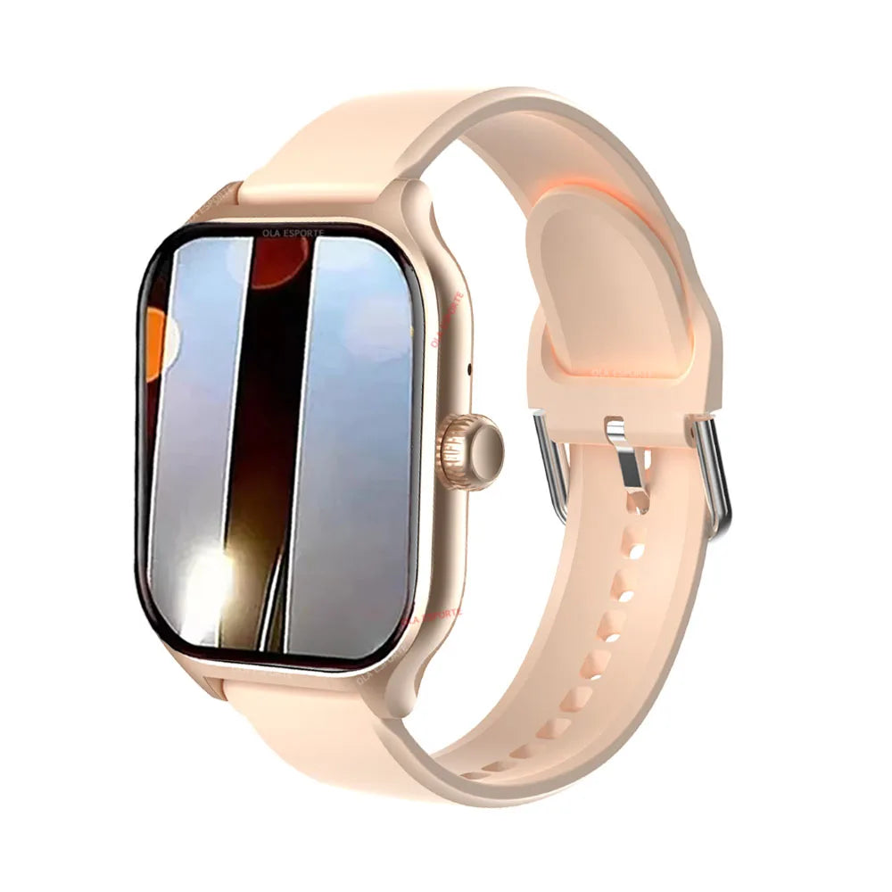Smartwatch with a rose gold band on a white background