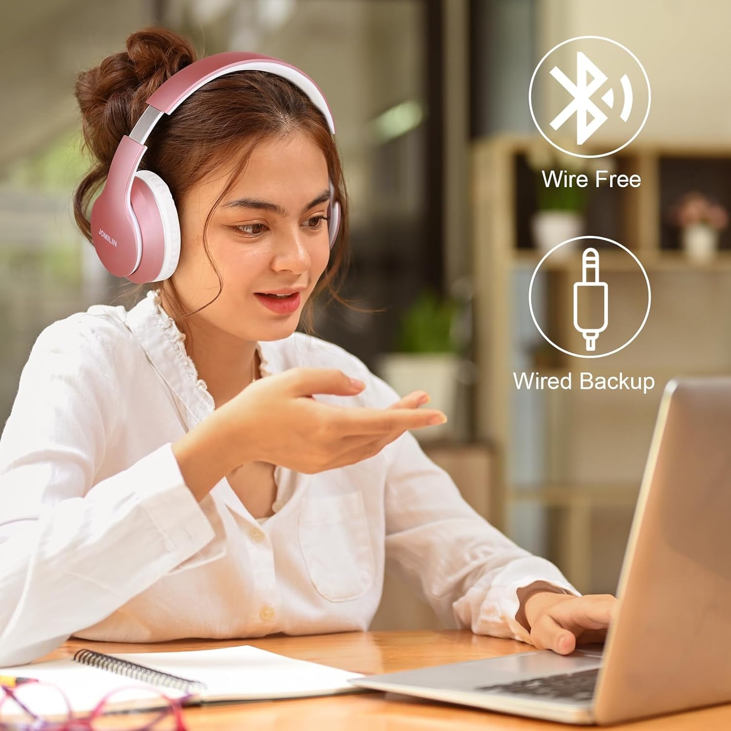 B9 Bluetooth Headphones Over-Ear, 3 EQ Music Modes and 50H Playtime Wireless Headphones with Mic, Hi-Fi Stereo Lightweight Folding Headset, Volume Control for Travel Tablet PC (Rose Gold)