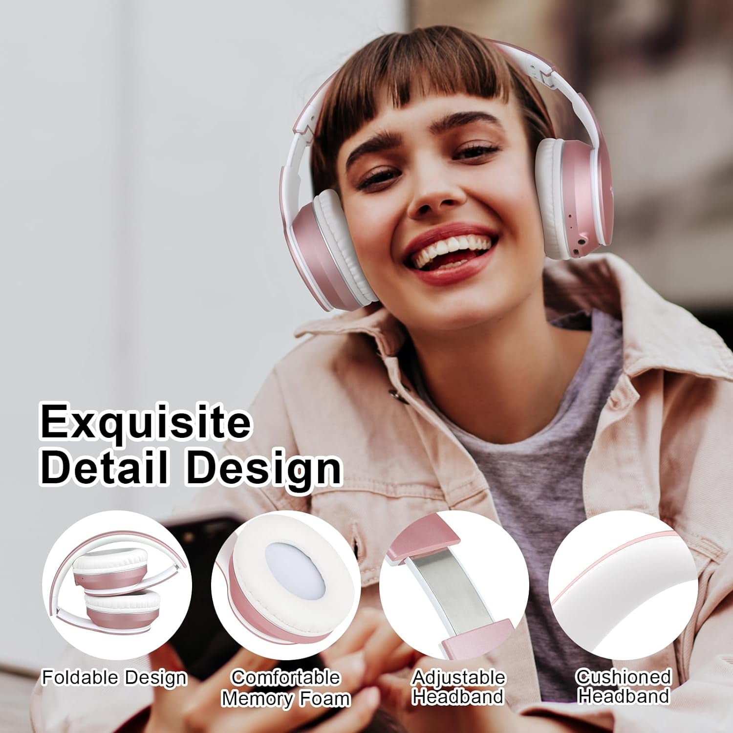 B9 Bluetooth Headphones Over-Ear, 3 EQ Music Modes and 50H Playtime Wireless Headphones with Mic, Hi-Fi Stereo Lightweight Folding Headset, Volume Control for Travel Tablet PC (Rose Gold)